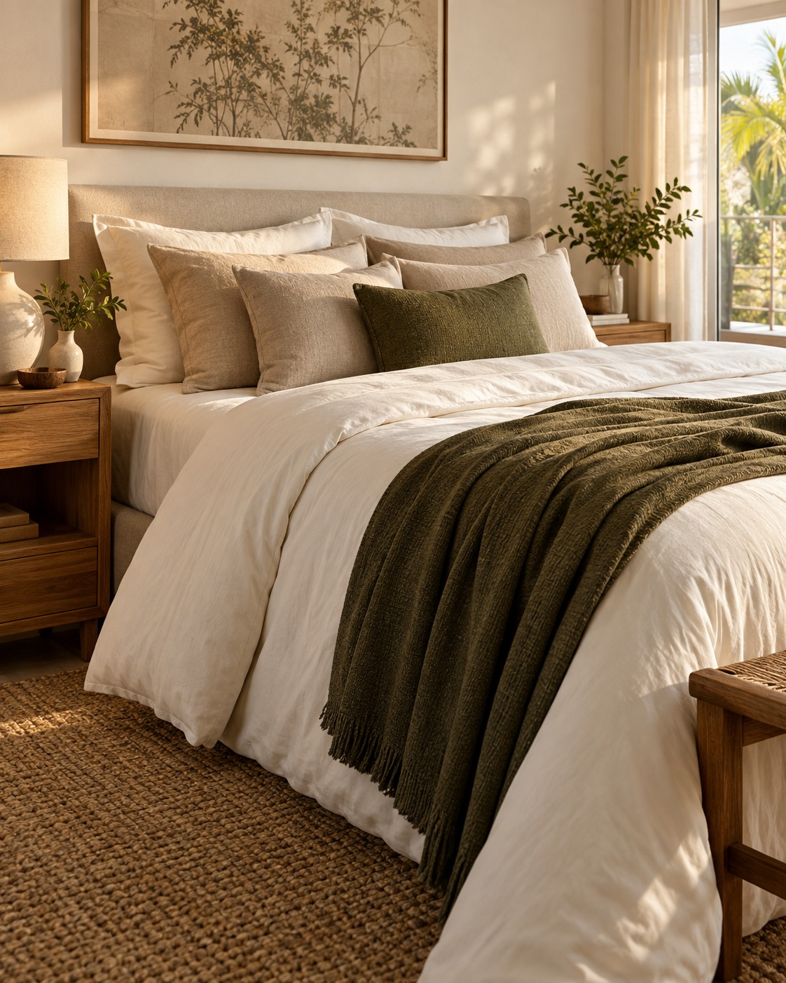 Imagem ilustrativa de cama com roupa de cama clara, almofadas e manta verde-oliva